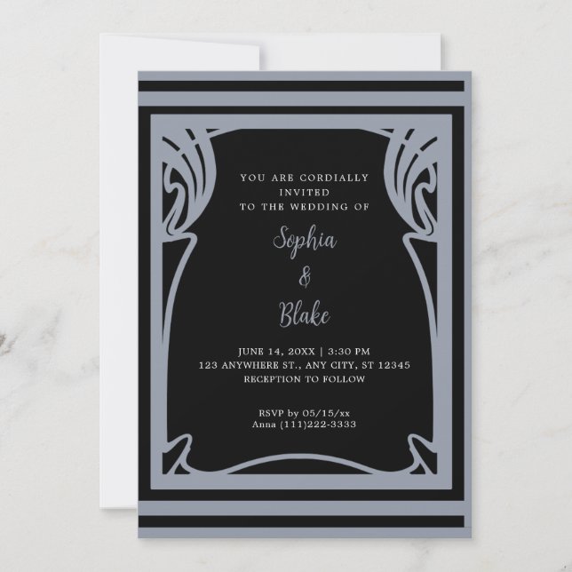 Invitación Boda del Deco de Arte Asombroso Negro y Plata (Anverso)