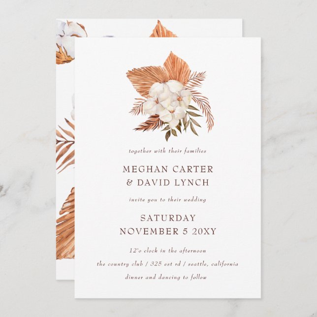 Invitación Boda del desierto floral de hierba de Boho pampas (Anverso / Reverso)