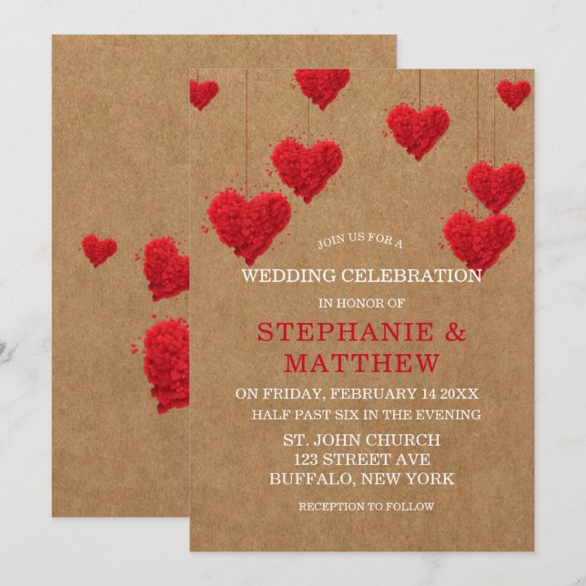 Invitación Boda del Día de San Valentín en los corazones rojo (Anverso / Reverso)
