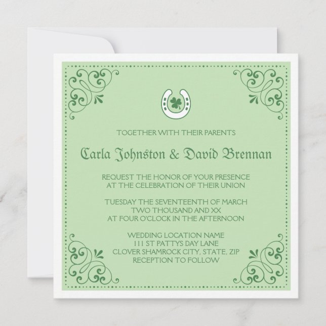 Invitación Boda del día de St Patrick verde de herradura del (Anverso)
