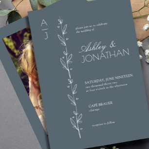 Invitación Boda del divisor botánico moderno Dusty Blue Photo
