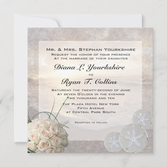 Invitación Boda del dólar de los rosas blancos y de arena del (Anverso)