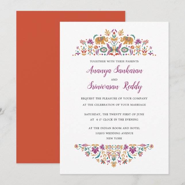 Invitación Boda del Elefante de Flor Indio Naranja (Anverso / Reverso)