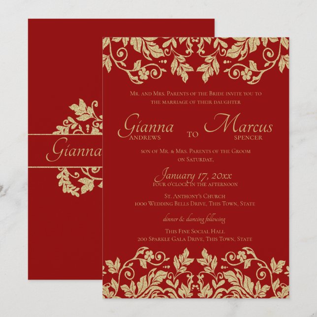 Invitación Boda del Emblema de Damasco Rojo y Oro (Anverso / Reverso)