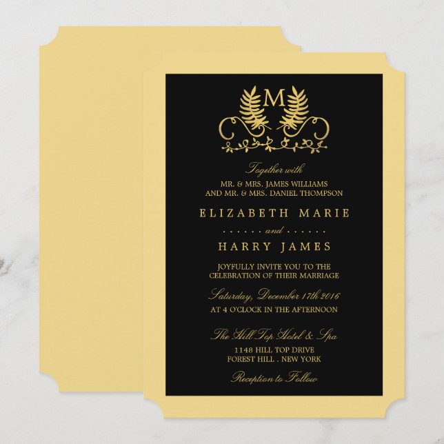 Invitación Boda del Emblema floral dorado (Anverso / Reverso)