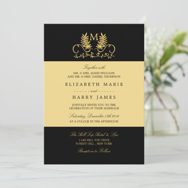 Invitación Boda del Emblema floral dorado (Anverso de pie)