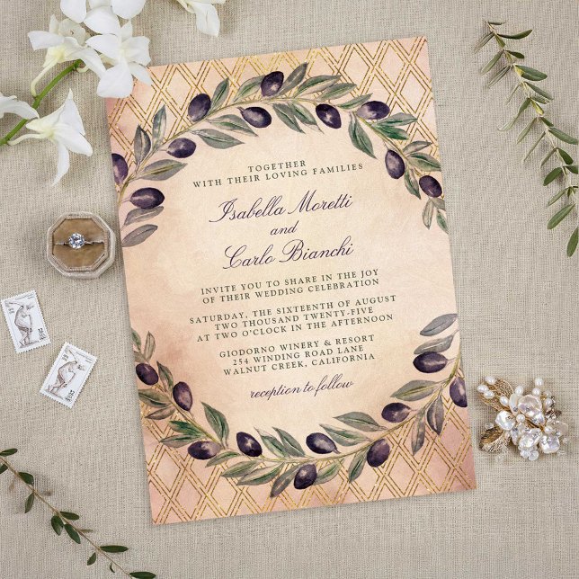 Invitación Boda del Entramado de Oro y las Ramas de Olivo de  (Tuscan Gold Lattice and Olive Branches Wedding Invitations)