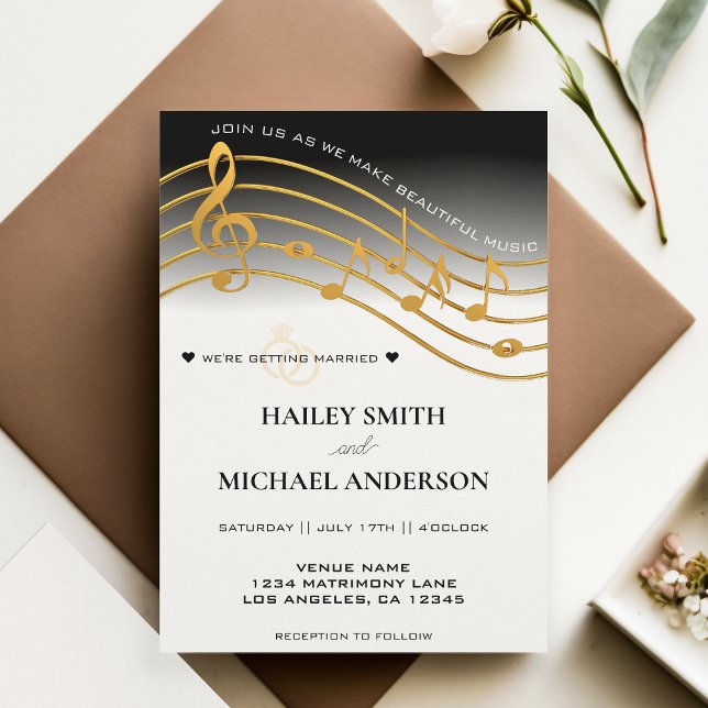 Invitación Boda del equipo de música Black White & Gold Ombre (Black White & Gold Ombre Music Staff Wedding Invitation)