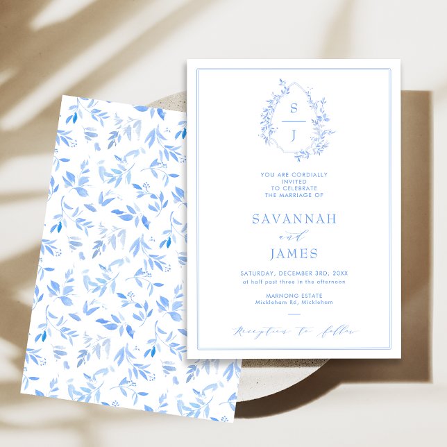 Invitación Boda del Escudo azul del follaje del marco clásico (Classic Blue Crest Wedding Invitation, Blue Monogram Wedding Invitation, Watercolor Foliage Crest)