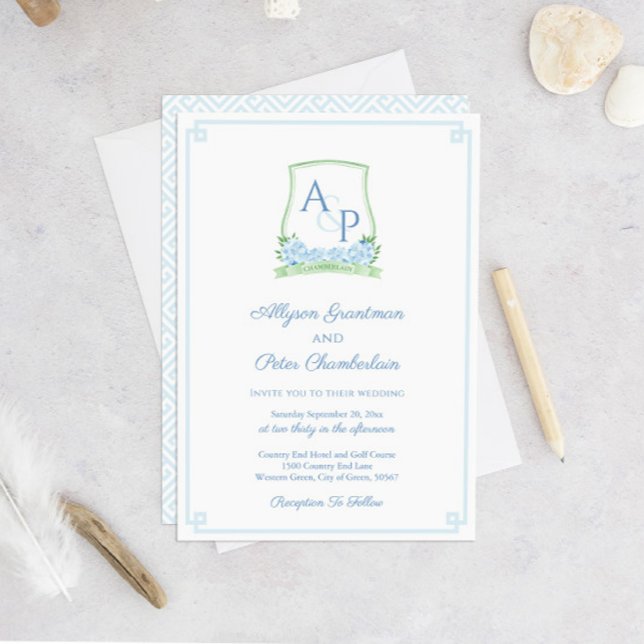 Invitación Boda del Escudo botánico verde azul inagotable (Sage Green Light Blue Watercolor Monogram Crest Wedding Invitation With Pale Blue Greek Key Backer)