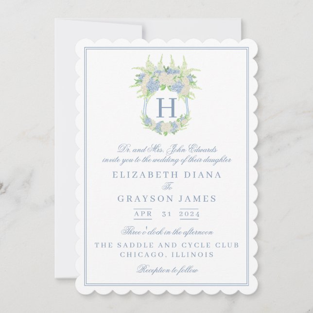 Invitación Boda del Escudo de hidrangea azul y blanca (Anverso)