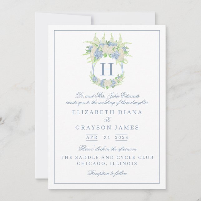 Invitación Boda del Escudo de hidrangea azul y blanca (Anverso)