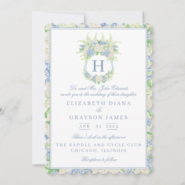 Invitación Boda del Escudo de hidrangea azul y blanca (Anverso)