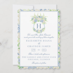 Invitación Boda del Escudo de hidrangea azul y blanca