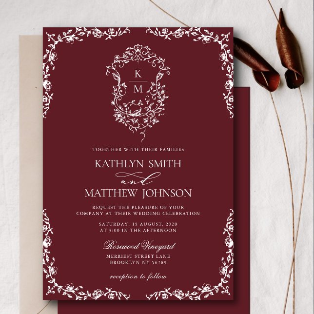 Invitación Boda del Escudo de la cosecha de borgoña roja mono (Subido por el creador)