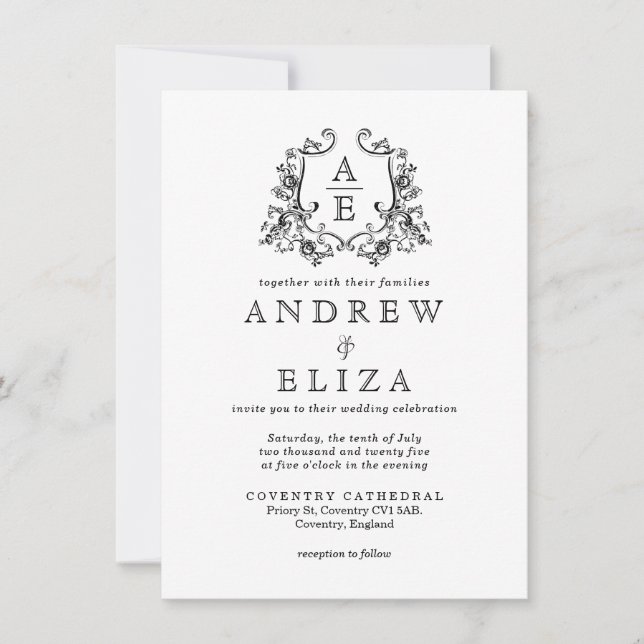Invitación Boda del Escudo de Monograma Blanco y Negro de mod (Anverso)