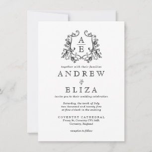Invitación Boda del Escudo de Monograma Blanco y Negro de mod