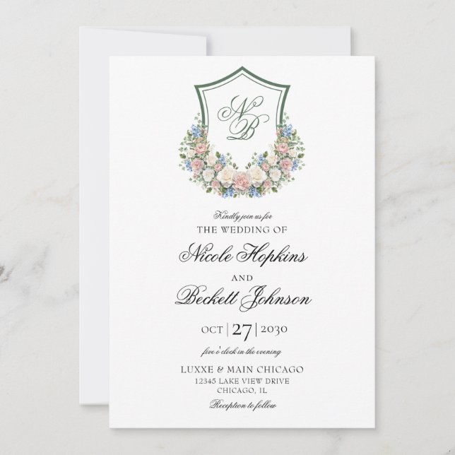Invitación Boda del Escudo Dusty Blue Floral (Anverso)