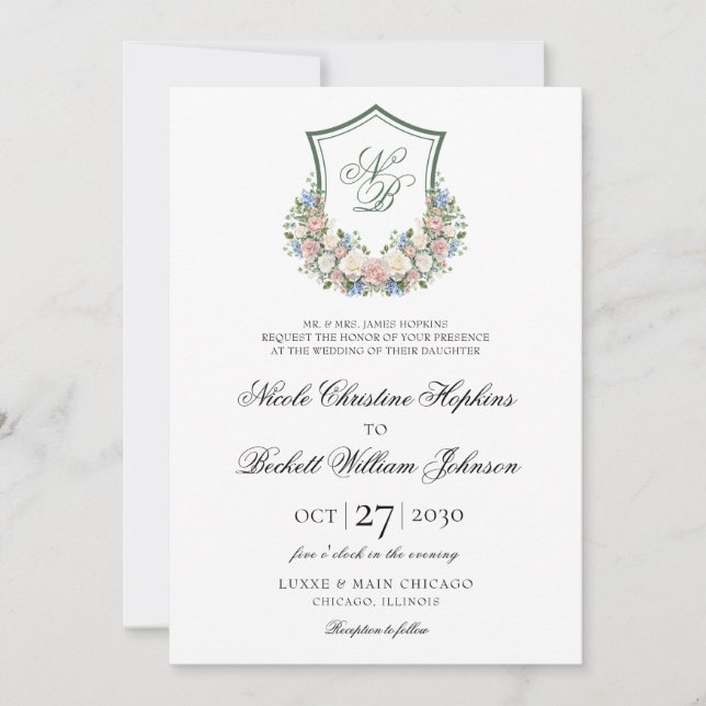 Invitación Boda del Escudo Dusty Blue Floral (Anverso)