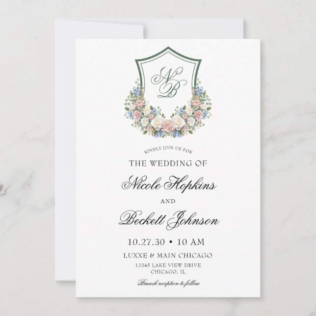 Invitación Boda del Escudo Dusty Blue Floral (Anverso)