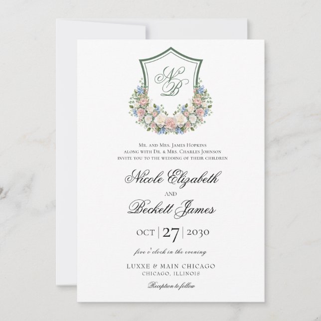Invitación Boda del Escudo Dusty Blue Floral (Anverso)