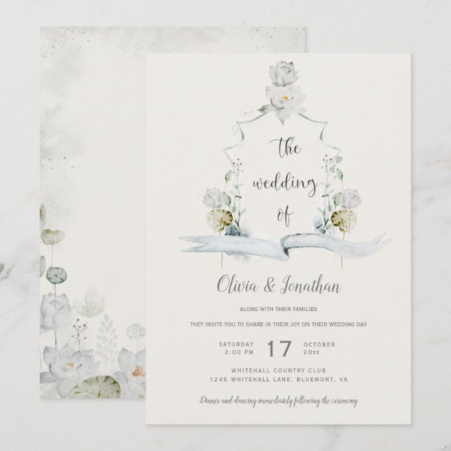 Invitación Boda del Escudo Eéthéth White Floral Sage Green (Anverso / Reverso)