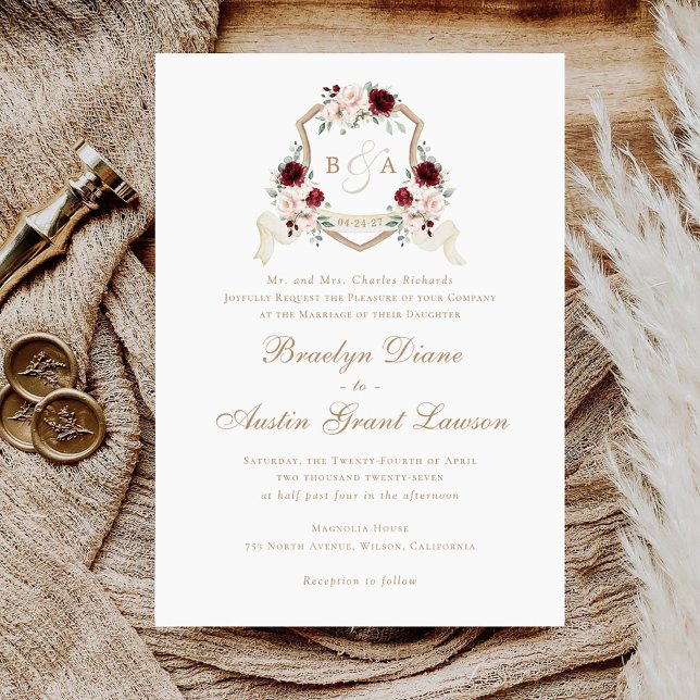 Invitación Boda del Escudo Floral Rubor Burgundy Monograma (Subido por el creador)