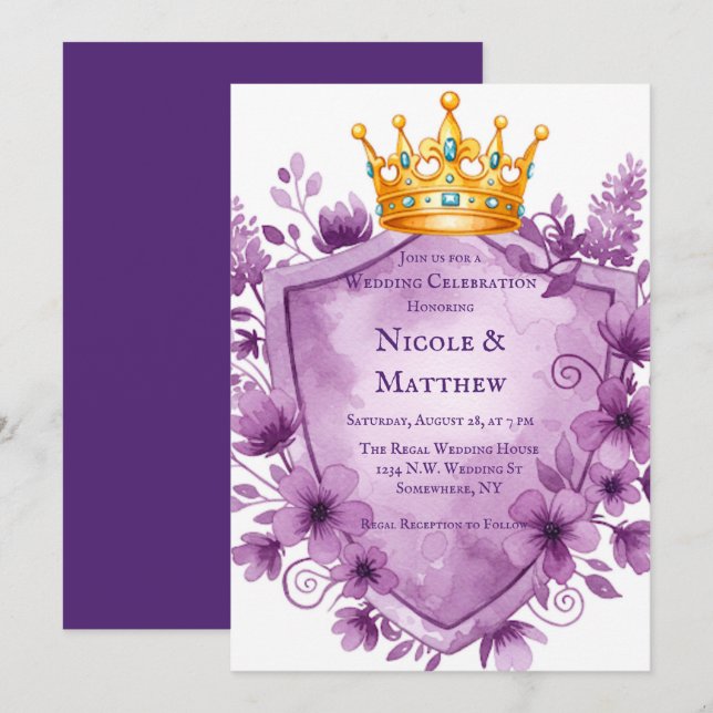 Invitación Boda del Escudo Regal Purple Floral (Anverso / Reverso)