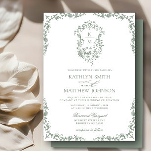 Invitación Boda del Escudo Vintage de color verde sabio