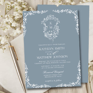Invitación Boda del Escudo Vintage Floral Dusty Blue Monogram