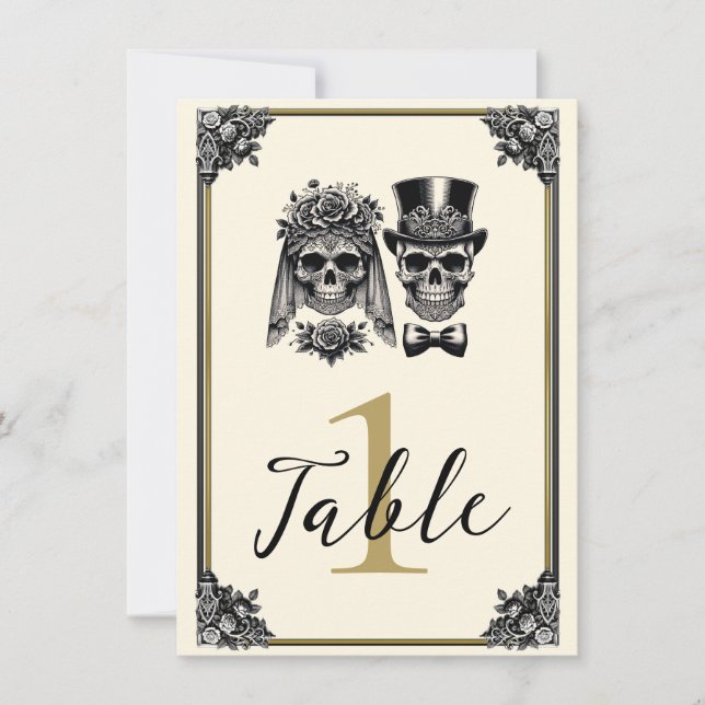 Invitación Boda del esqueleto de crema negra y dorada (Anverso)