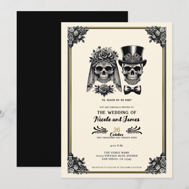 Invitación Boda del esqueleto de crema negra y dorada (Anverso / Reverso)
