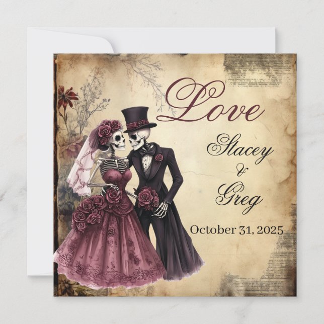 Invitación Boda del esqueleto gótico rústico de Halloween (Anverso)