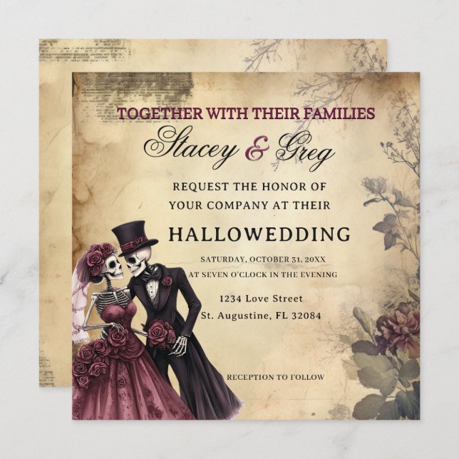 Invitación Boda del esqueleto gótico rústico de Halloween (Anverso / Reverso)