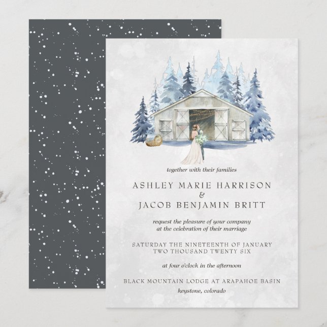 Invitación Boda del Evergreen Barn Rustic Winter (Anverso / Reverso)