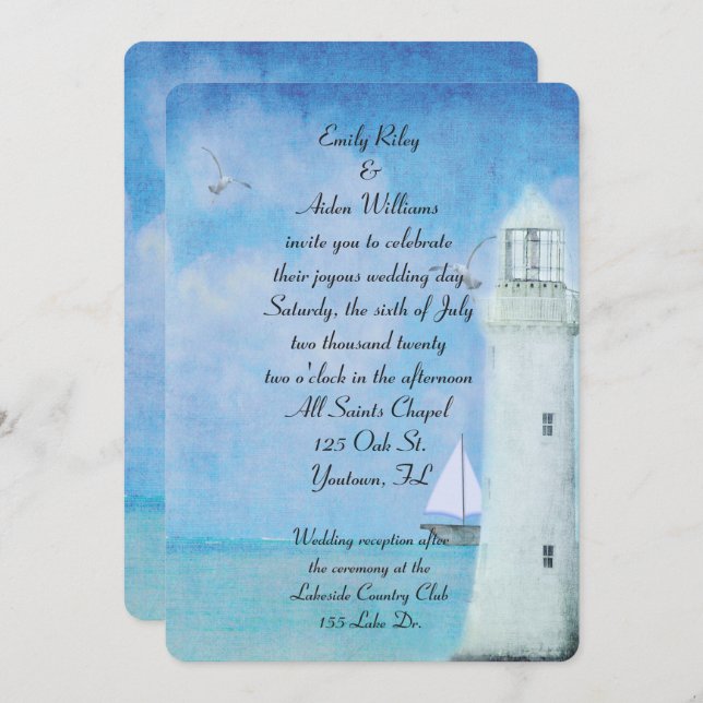 Invitación Boda del faro blanco nautico (Anverso / Reverso)