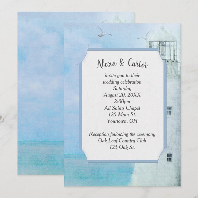 Invitación Boda del faro del océano blanco (Anverso / Reverso)