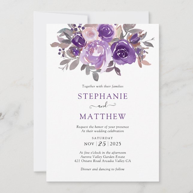 Invitación Boda del follaje botánico Dusty Purple Floral (Anverso)