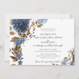 Invitación Boda del follaje de la floral azul de la marina