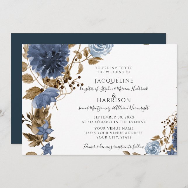 Invitación Boda del follaje de la floral azul de la marina (Anverso / Reverso)