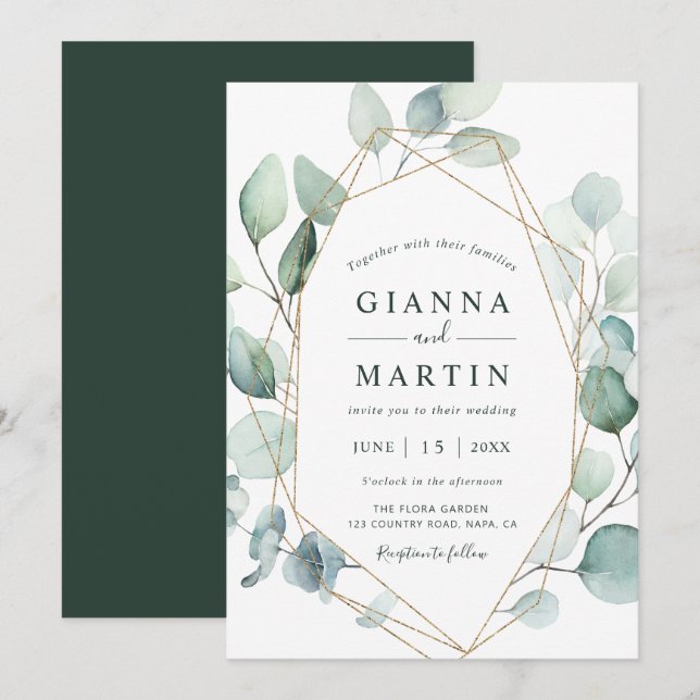 Invitación Boda del follaje de la vegetación geométrica de or (Anverso / Reverso)