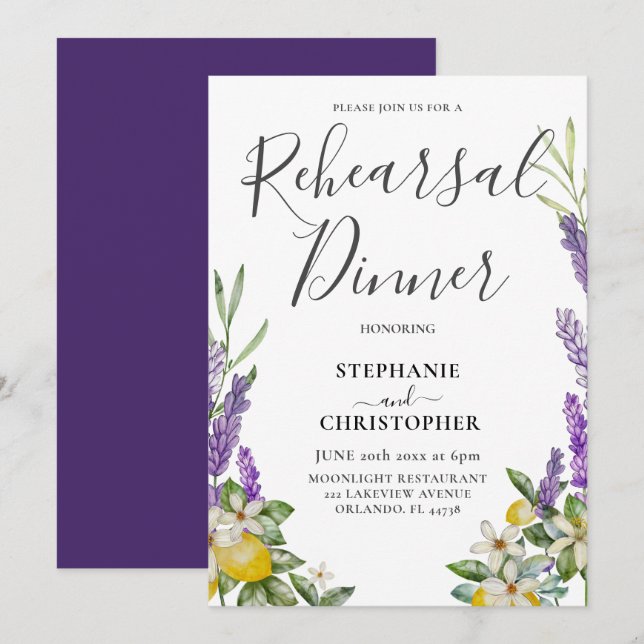Invitación Boda del follaje de limón y lavanda para la cena (Anverso / Reverso)