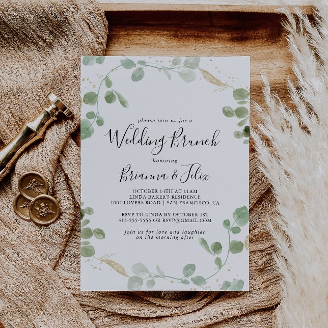 Invitación Boda del follaje de oro de confetti eucalipto brun (Subido por el creador)