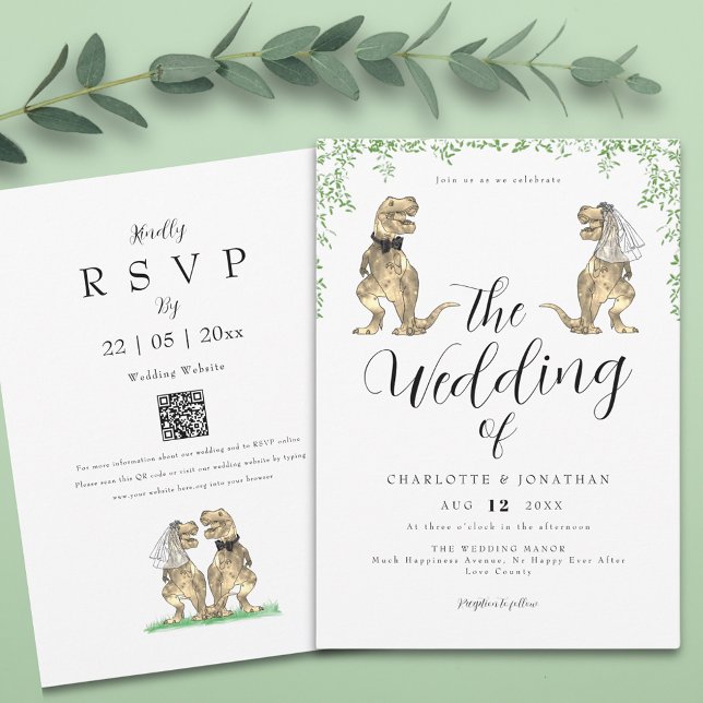 Invitación Boda del follaje Dinosaur Eucalyptus (Stylish Botanical dinosaur wedding invitation with qr code)