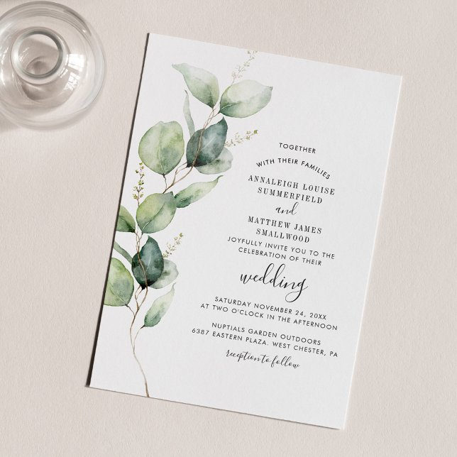 Invitación Boda del follaje eucalipto moderno (Watercolor Eucalyptus Greenery Wedding Invitation)