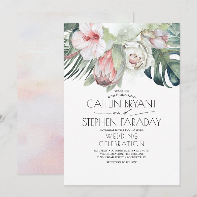 Invitación Boda del follaje floral de playa tropical (Anverso / Reverso)