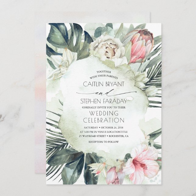 Invitación Boda del follaje floral de playa tropical (Anverso / Reverso)