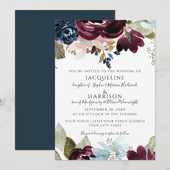 Invitación Boda del follaje floral elegante de la Marina de B (Anverso / Reverso)