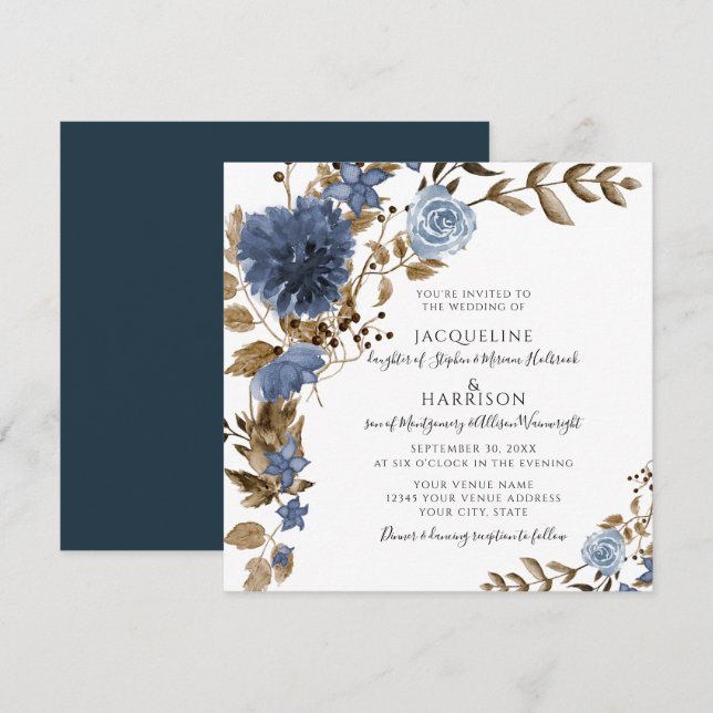 Invitación Boda del follaje floral rústico de la Marina Azul (Anverso / Reverso)
