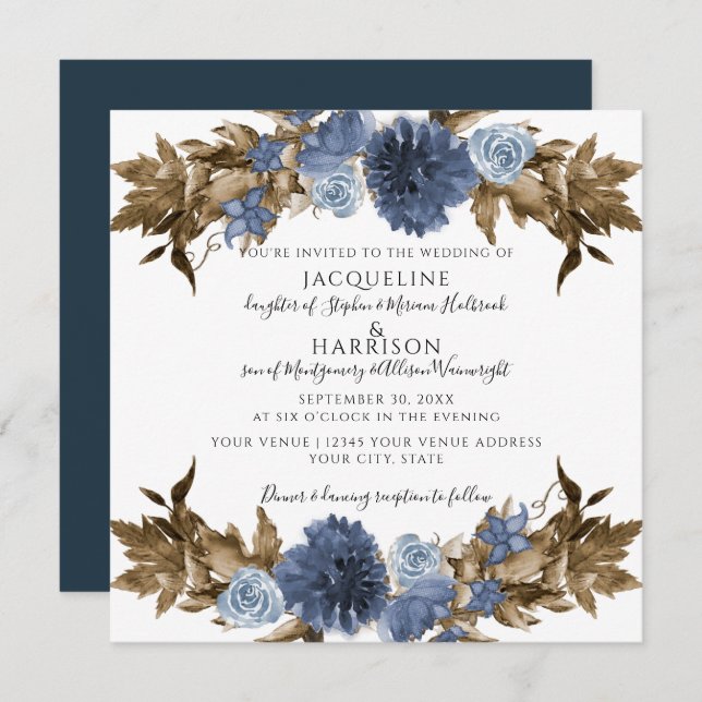 Invitación Boda del follaje marrón de la floral de la marina  (Anverso / Reverso)